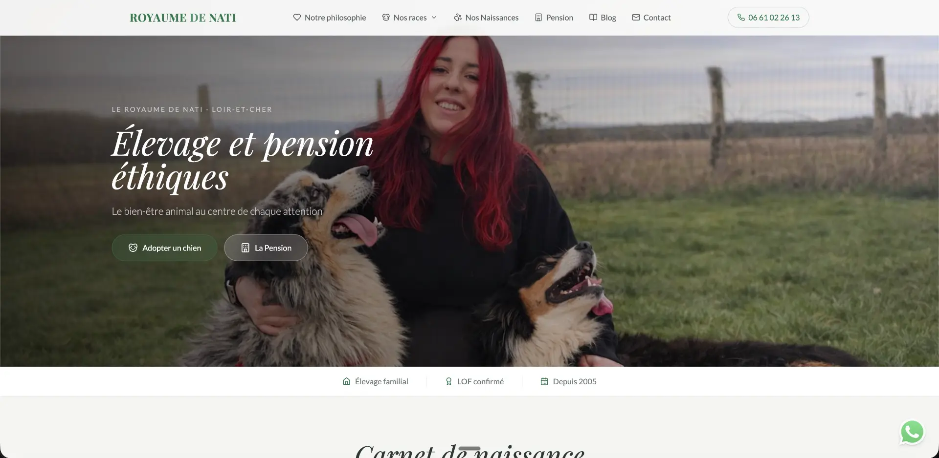 Page d'accueil du site du Royaume de Nati : élevage et pension éthiques dans le Loir-et-Cher
